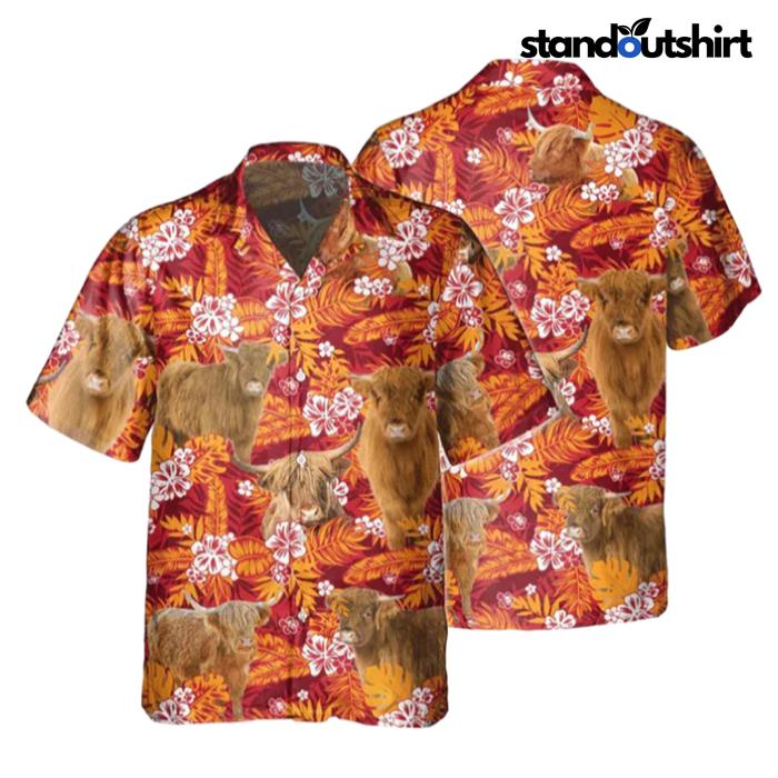 Highland Red Orange Floral Flowers hirt For cow Lovers Hawaiian Shirt