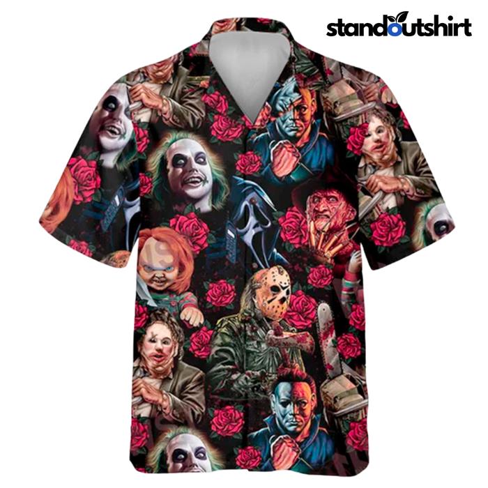 Horror Movie Characters Blood Scary Rose Pattern Hawaiian Shirt