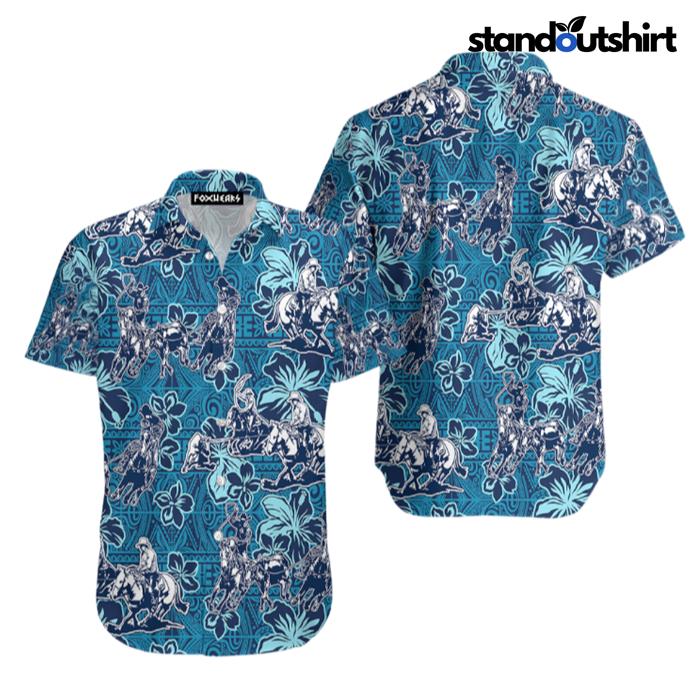 Team Roping Cowboy And Horse Blue Tribal Pattern Hawaiian Shirt